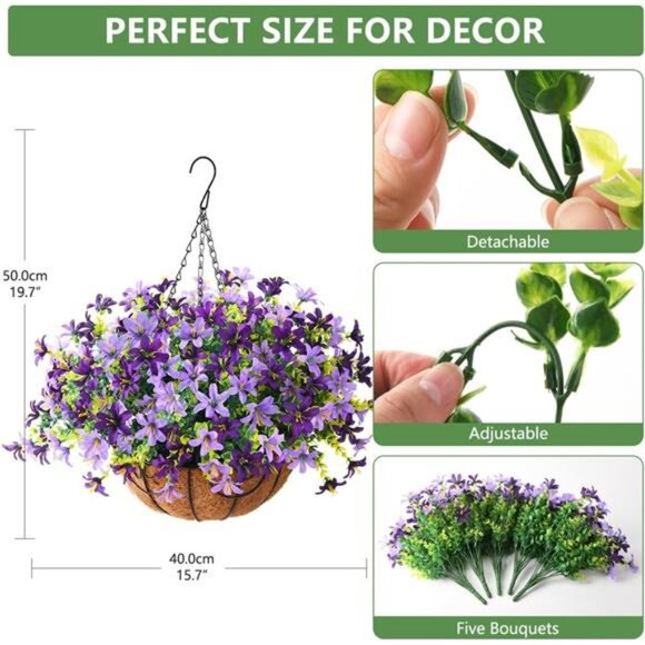 INQCMY Artificial Hanging Violet Flowers in Basket for Outdoors Summer - Picture 2 of 7